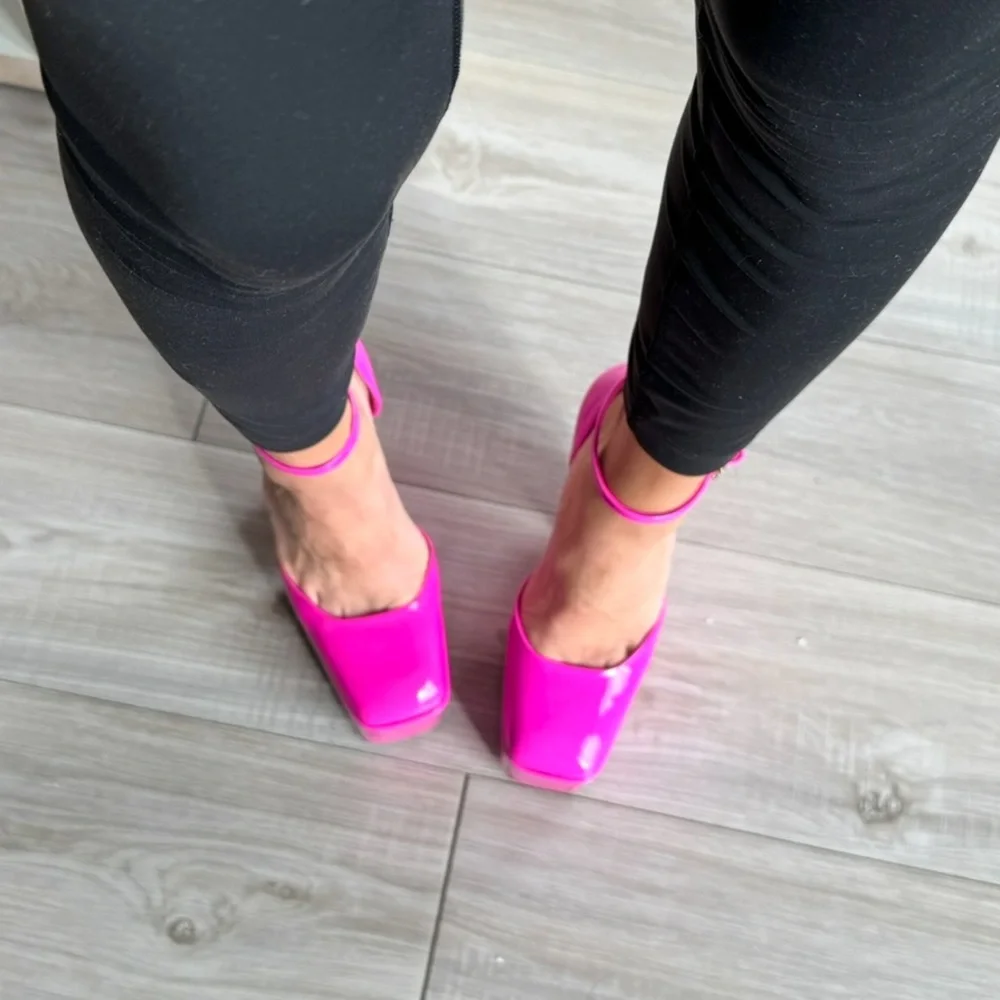 Valentino Garavani Hot Pink Patent DiscoBox Platform Pump Ankle-Strap Heels 37.5
